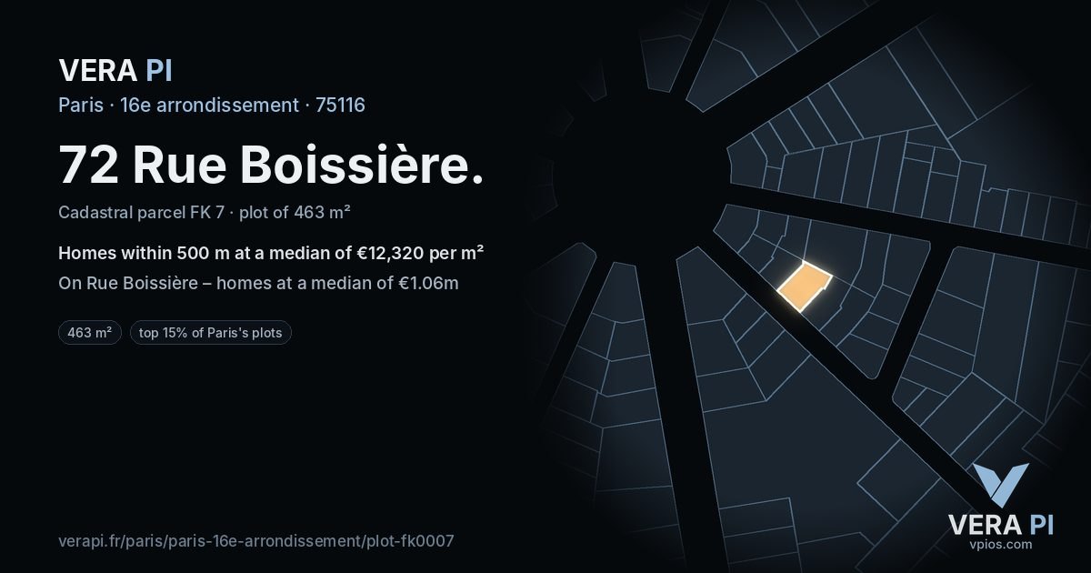 72 Rue Boissière, 16e arrondissement at night – the plot lit, the parcels around coloured by the prices near them