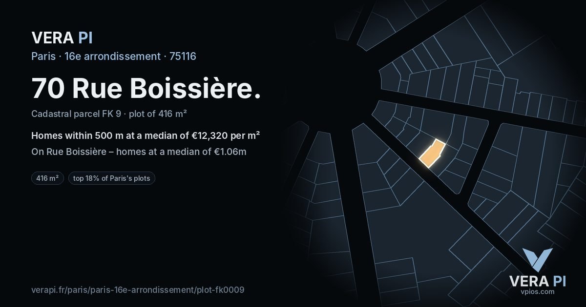 70 Rue Boissière, 16e arrondissement at night – the plot lit, the parcels around coloured by the prices near them
