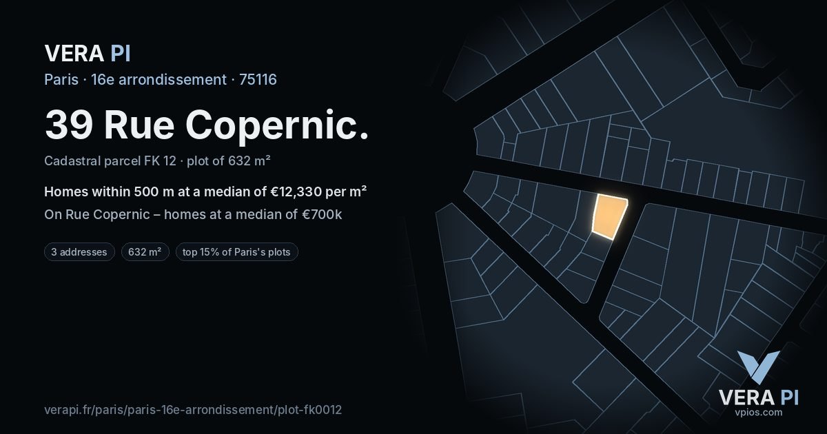 39 Rue Copernic, 16e arrondissement at night – the plot lit, the parcels around coloured by the prices near them