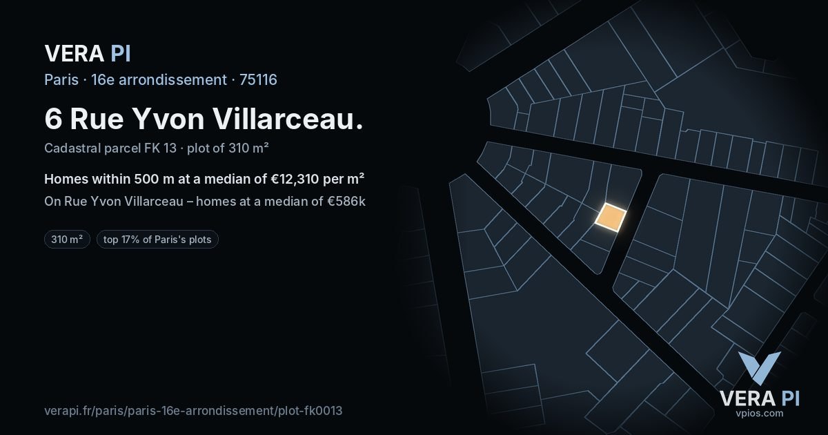 6 Rue Yvon Villarceau, 16e arrondissement at night – the plot lit, the parcels around coloured by the prices near them