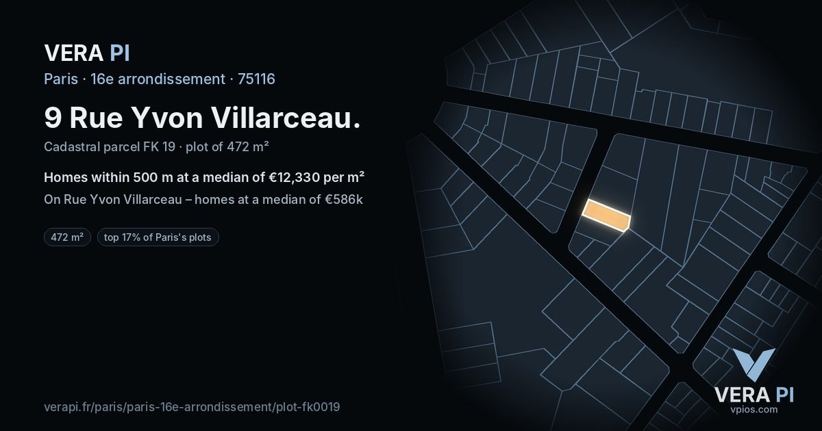 9 Rue Yvon Villarceau, 16e arrondissement at night – the plot lit, the parcels around coloured by the prices near them