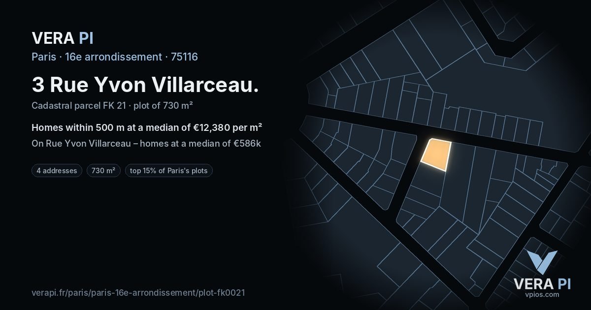 3 Rue Yvon Villarceau, 16e arrondissement at night – the plot lit, the parcels around coloured by the prices near them