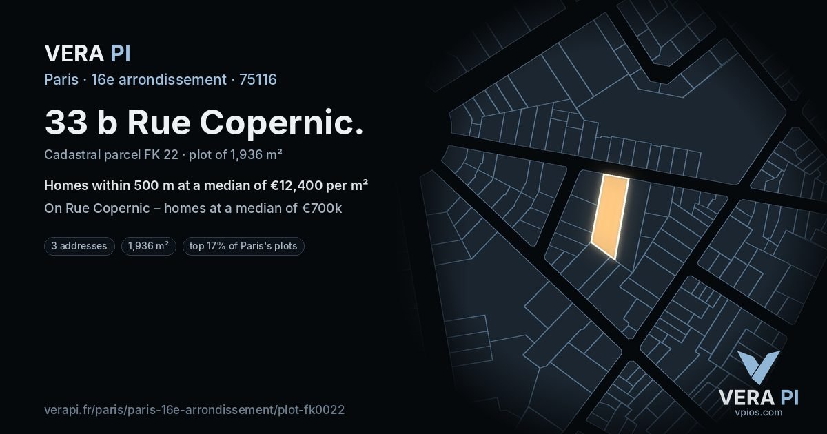 33 b Rue Copernic, 16e arrondissement at night – the plot lit, the parcels around coloured by the prices near them
