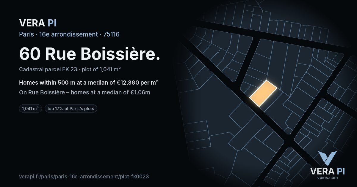 60 Rue Boissière, 16e arrondissement at night – the plot lit, the parcels around coloured by the prices near them