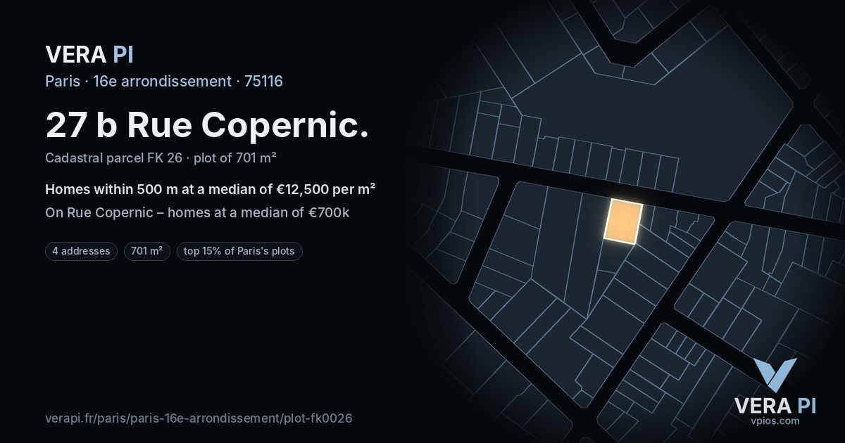 27 b Rue Copernic, 16e arrondissement at night – the plot lit, the parcels around coloured by the prices near them