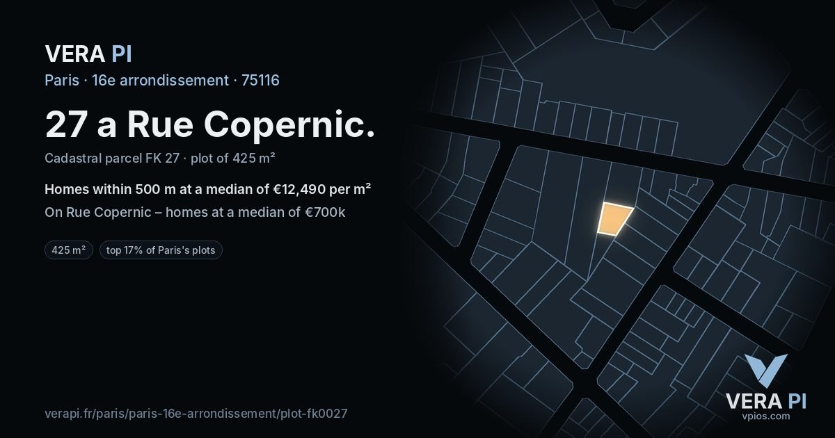 27 a Rue Copernic, 16e arrondissement at night – the plot lit, the parcels around coloured by the prices near them