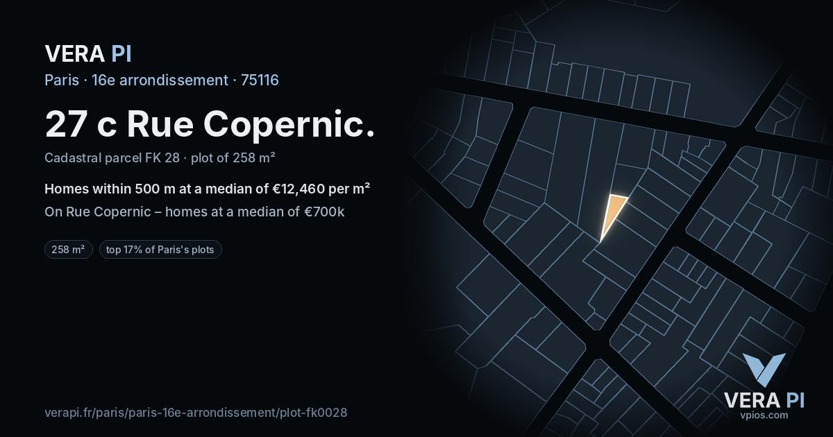 27 c Rue Copernic, 16e arrondissement at night – the plot lit, the parcels around coloured by the prices near them