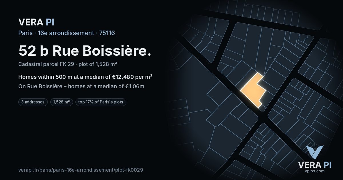 52 b Rue Boissière, 16e arrondissement at night – the plot lit, the parcels around coloured by the prices near them