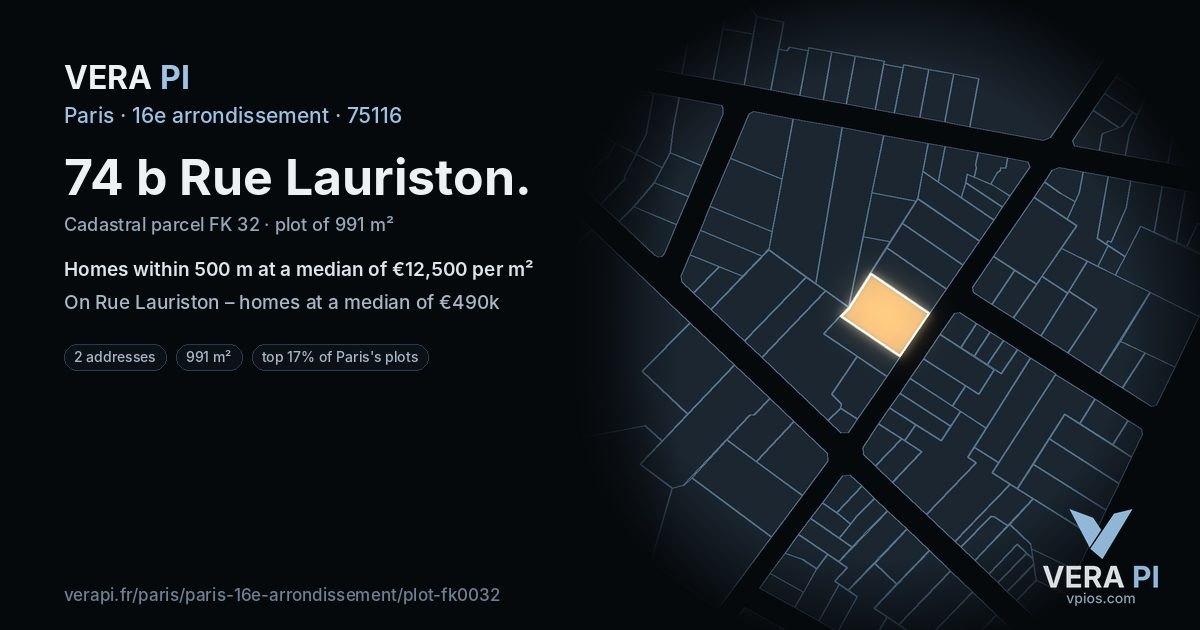 74 b Rue Lauriston, 16e arrondissement at night – the plot lit, the parcels around coloured by the prices near them