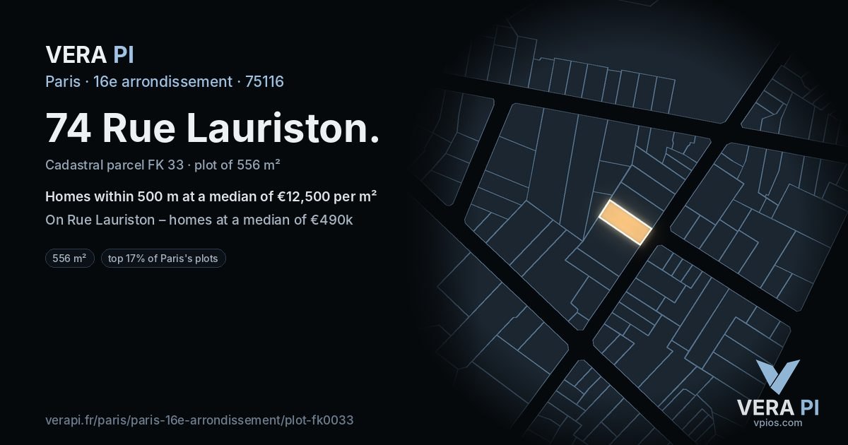 74 Rue Lauriston, 16e arrondissement at night – the plot lit, the parcels around coloured by the prices near them