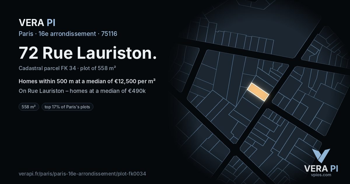 72 Rue Lauriston, 16e arrondissement at night – the plot lit, the parcels around coloured by the prices near them