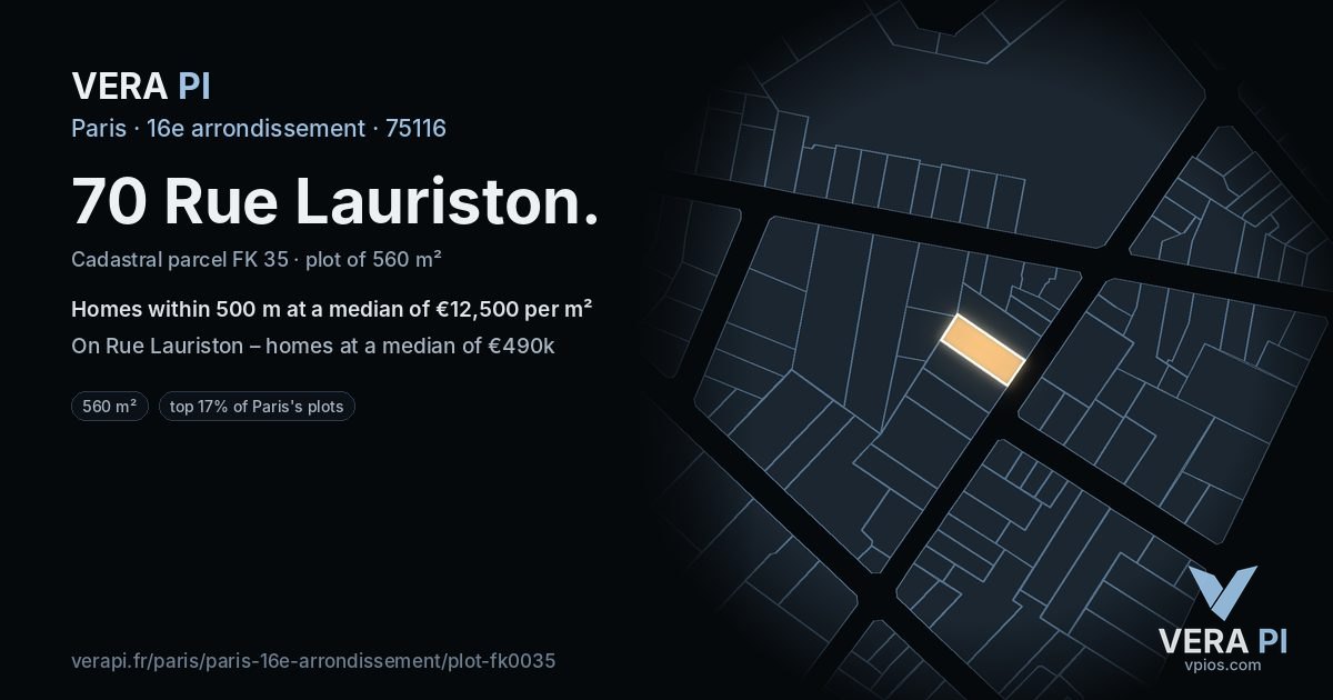 70 Rue Lauriston, 16e arrondissement at night – the plot lit, the parcels around coloured by the prices near them