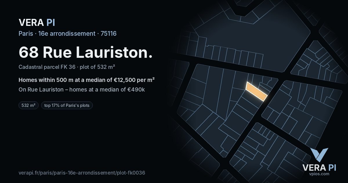 68 Rue Lauriston, 16e arrondissement at night – the plot lit, the parcels around coloured by the prices near them