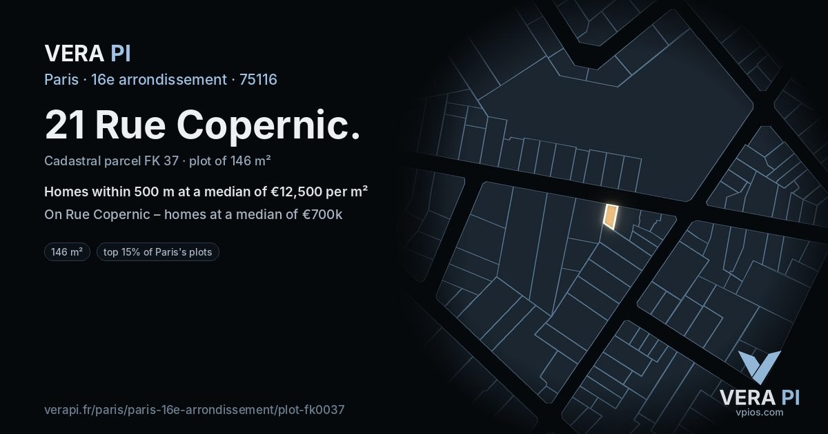 21 Rue Copernic, 16e arrondissement at night – the plot lit, the parcels around coloured by the prices near them