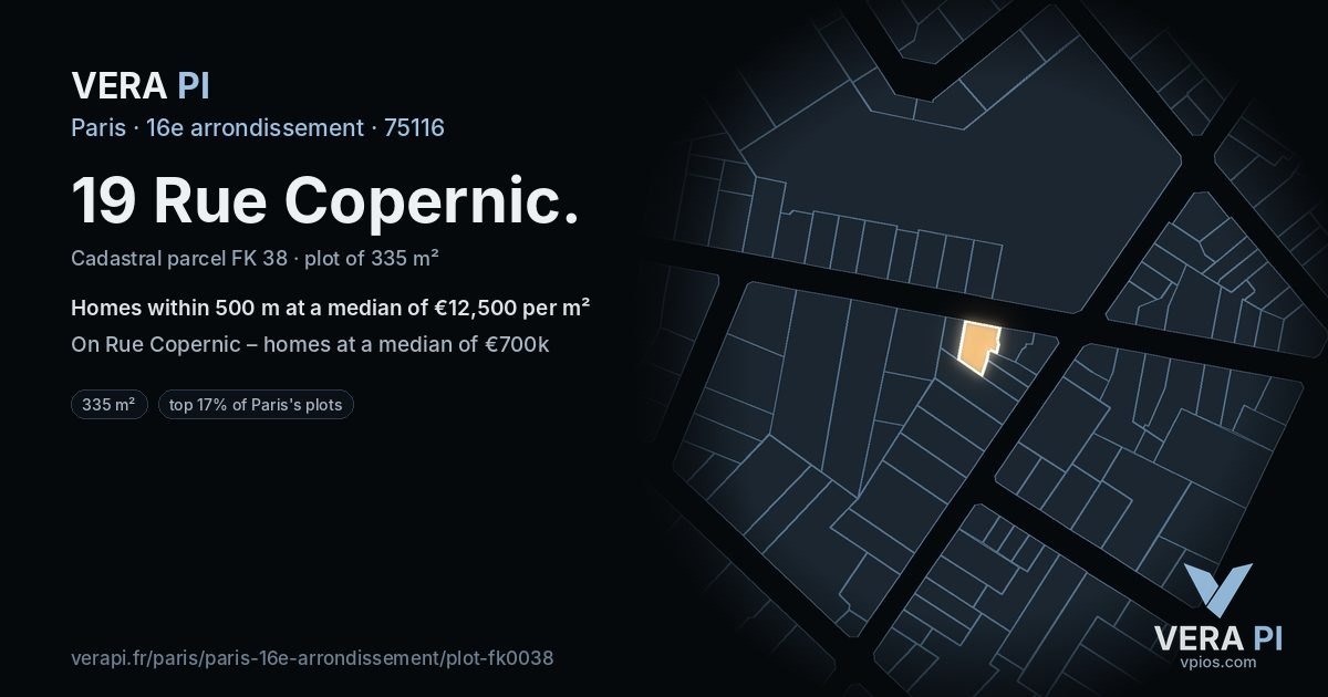 19 Rue Copernic, 16e arrondissement at night – the plot lit, the parcels around coloured by the prices near them