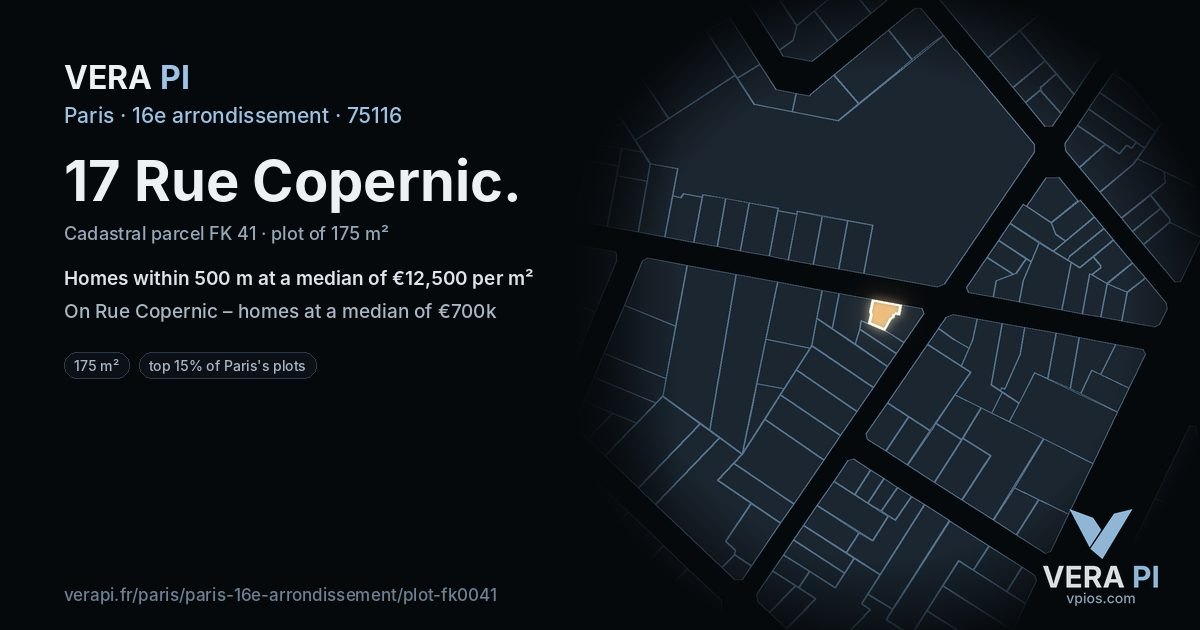 17 Rue Copernic, 16e arrondissement at night – the plot lit, the parcels around coloured by the prices near them