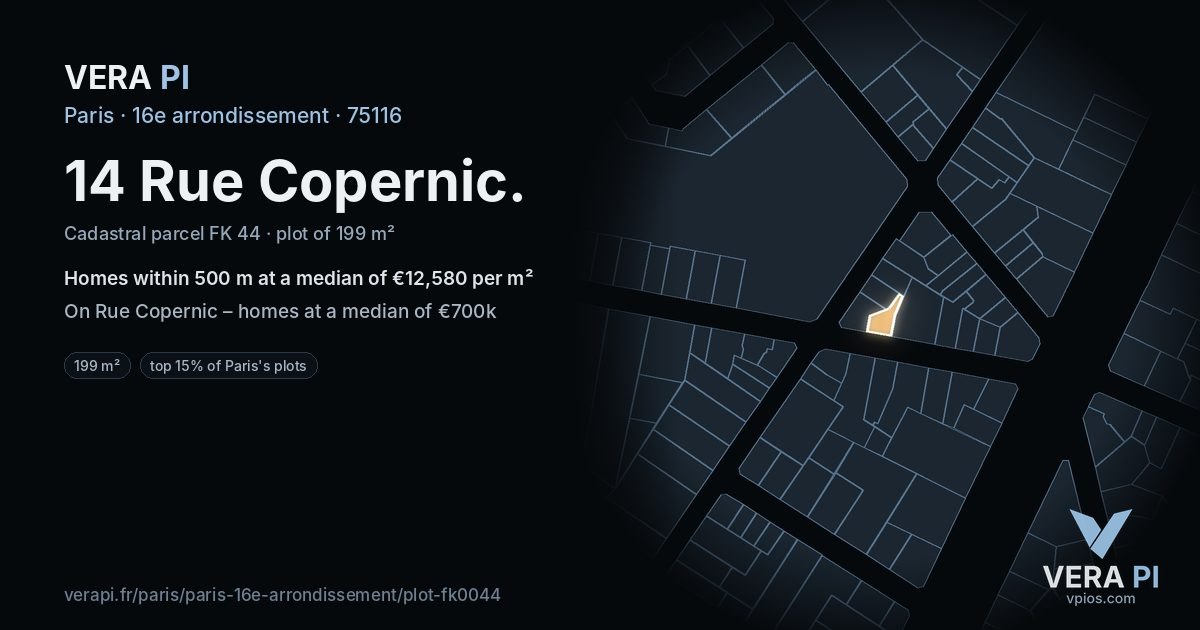 14 Rue Copernic, 16e arrondissement at night – the plot lit, the parcels around coloured by the prices near them