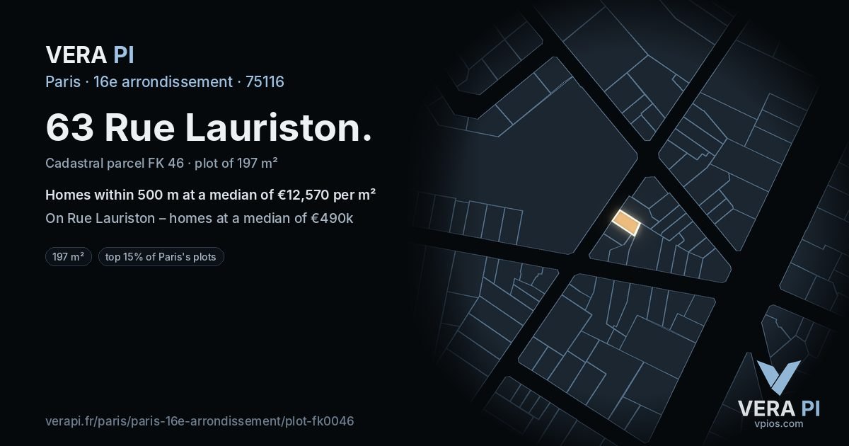 63 Rue Lauriston, 16e arrondissement at night – the plot lit, the parcels around coloured by the prices near them