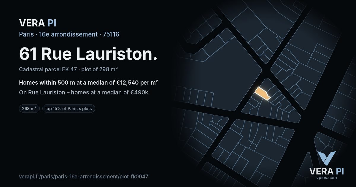 61 Rue Lauriston, 16e arrondissement at night – the plot lit, the parcels around coloured by the prices near them