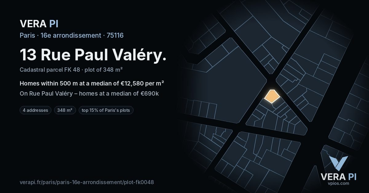 13 Rue Paul Valéry, 16e arrondissement at night – the plot lit, the parcels around coloured by the prices near them