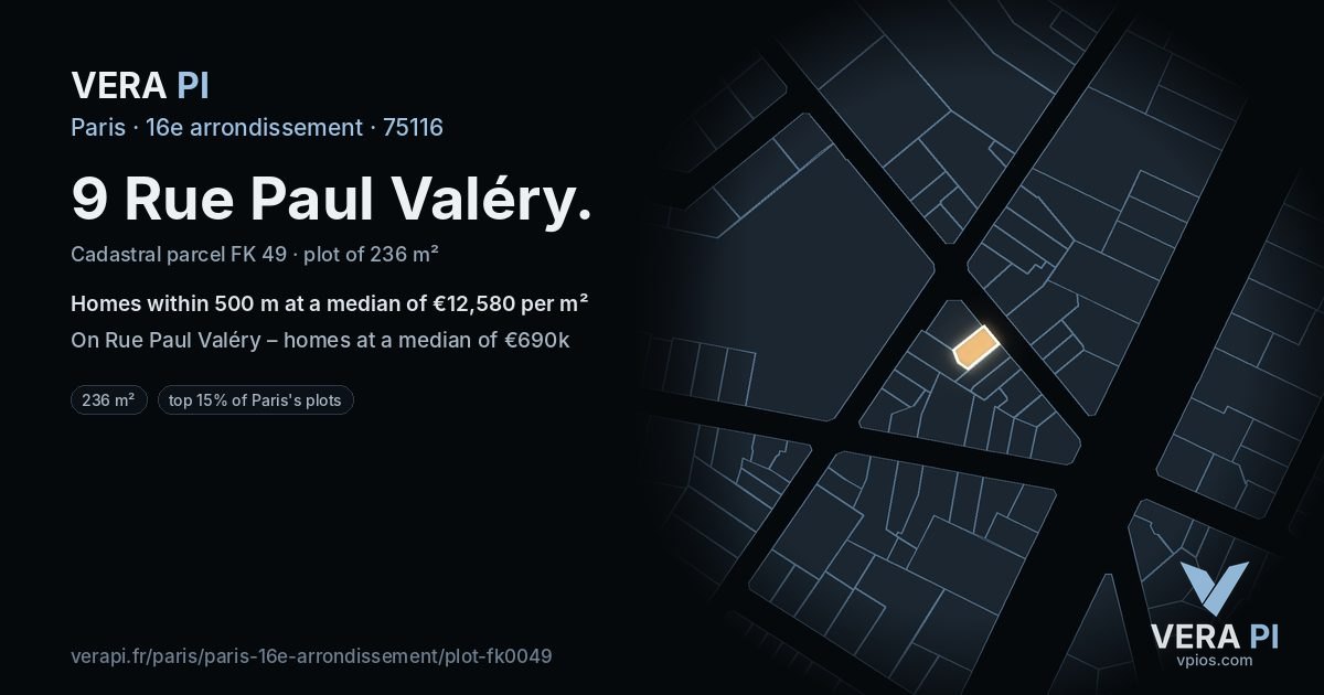 9 Rue Paul Valéry, 16e arrondissement at night – the plot lit, the parcels around coloured by the prices near them
