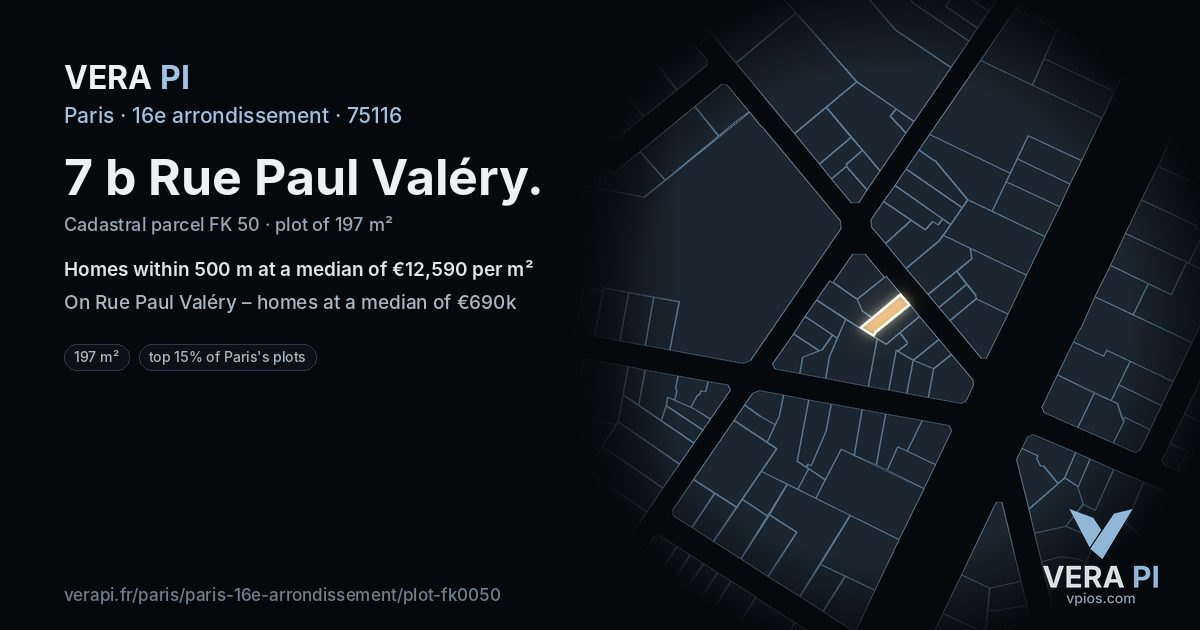 7 b Rue Paul Valéry, 16e arrondissement at night – the plot lit, the parcels around coloured by the prices near them