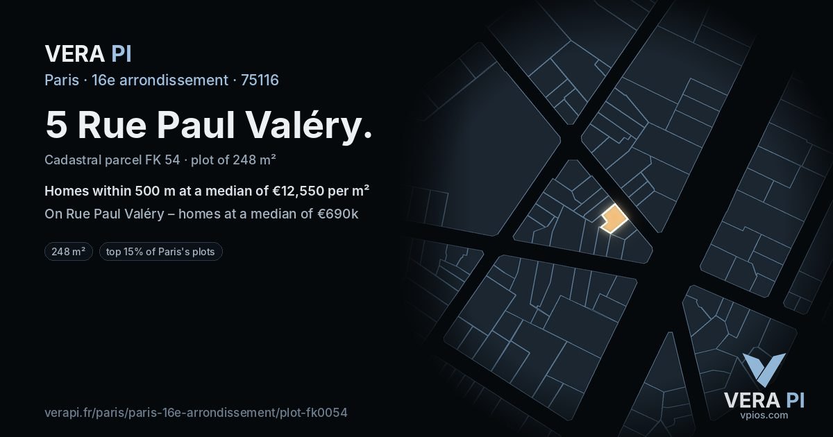 5 Rue Paul Valéry, 16e arrondissement at night – the plot lit, the parcels around coloured by the prices near them