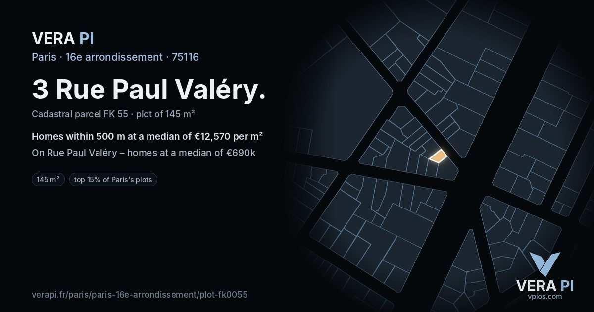 3 Rue Paul Valéry, 16e arrondissement at night – the plot lit, the parcels around coloured by the prices near them