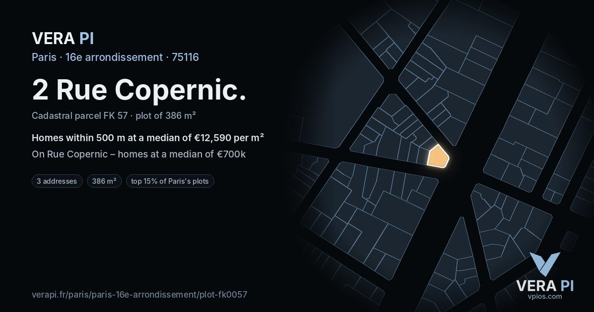 2 Rue Copernic, 16e arrondissement at night – the plot lit, the parcels around coloured by the prices near them