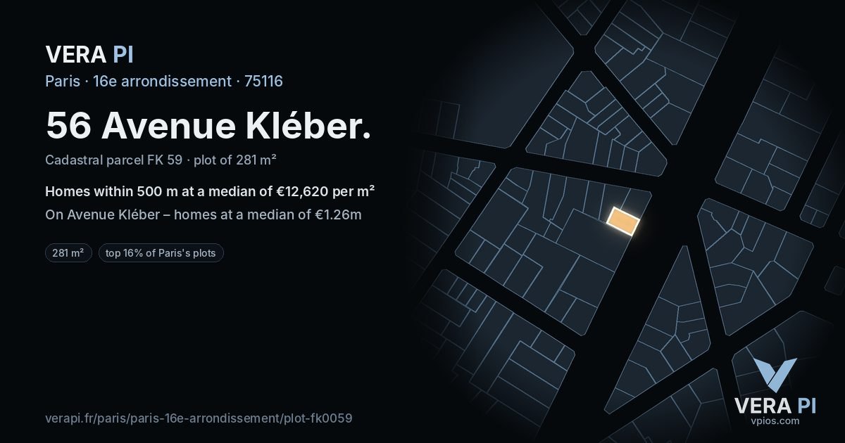 56 Avenue Kléber, 16e arrondissement at night – the plot lit, the parcels around coloured by the prices near them