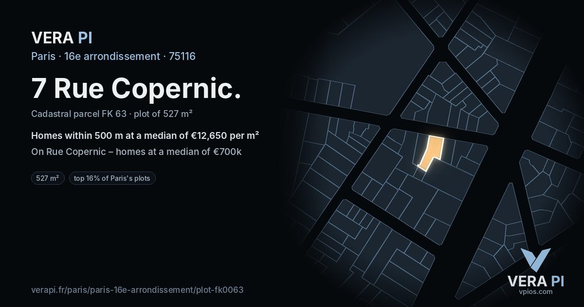 7 Rue Copernic, 16e arrondissement at night – the plot lit, the parcels around coloured by the prices near them