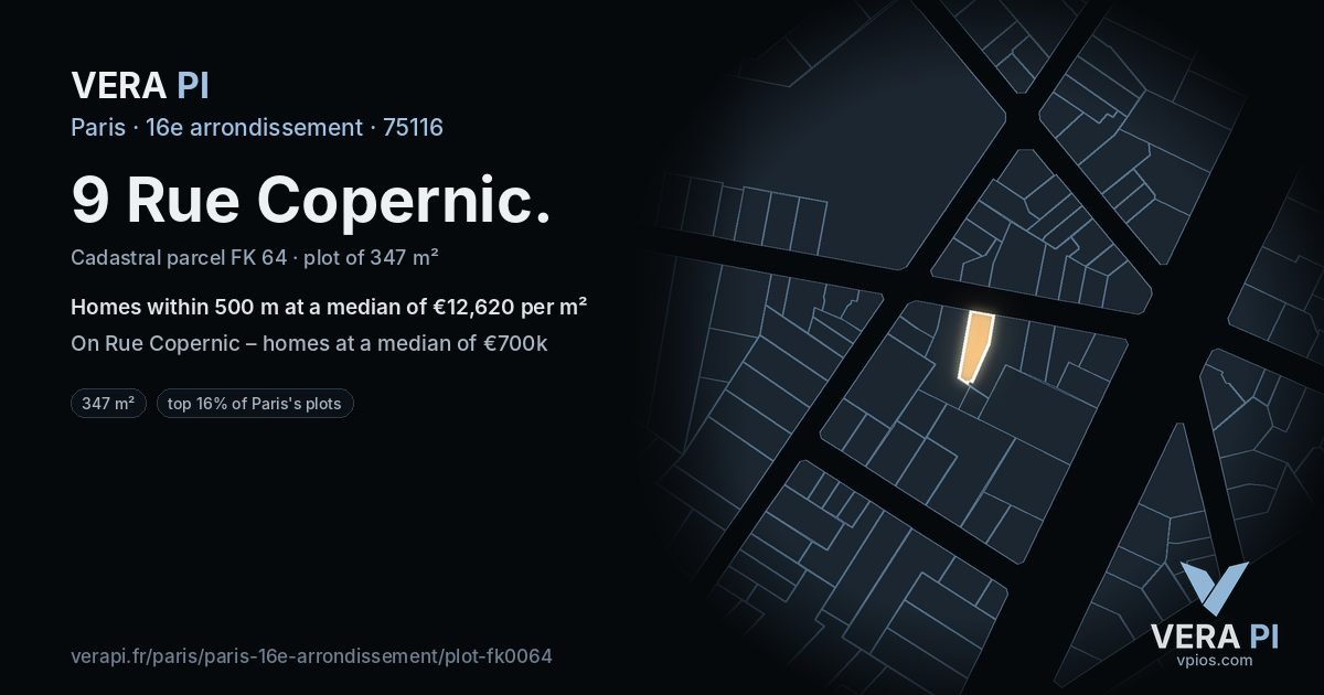 9 Rue Copernic, 16e arrondissement at night – the plot lit, the parcels around coloured by the prices near them