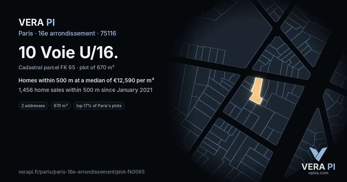 10 Voie U/16, 16e arrondissement at night – the plot lit, the parcels around coloured by the prices near them