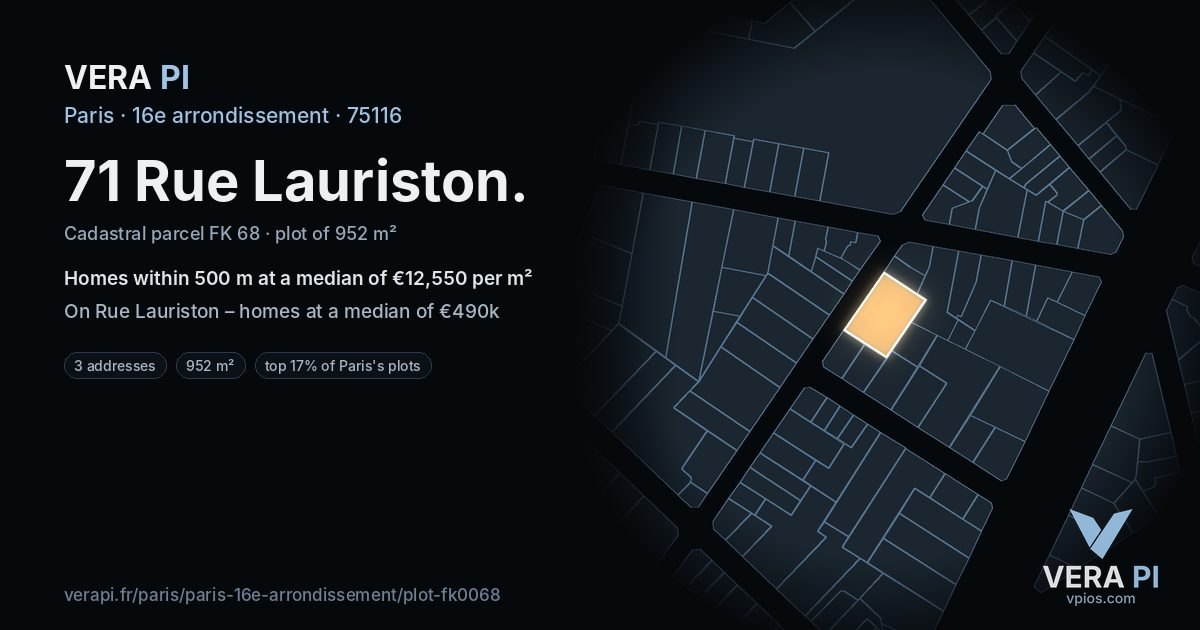 71 Rue Lauriston, 16e arrondissement at night – the plot lit, the parcels around coloured by the prices near them