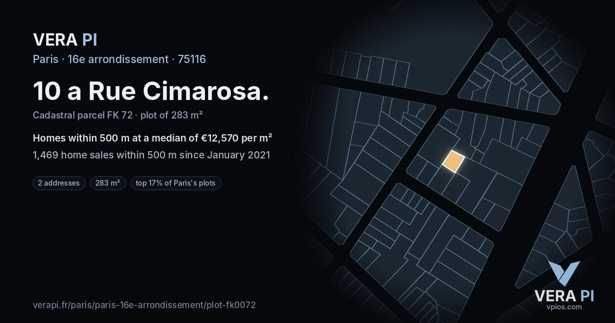 10 a Rue Cimarosa, 16e arrondissement at night – the plot lit, the parcels around coloured by the prices near them