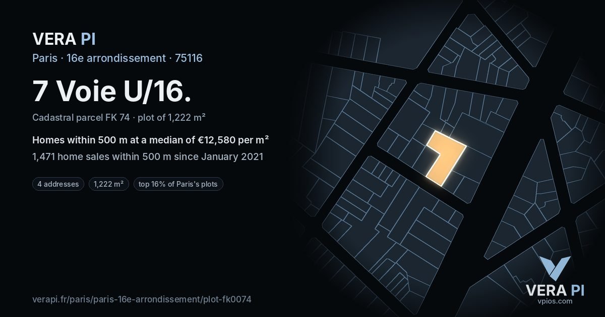 7 Voie U/16, 16e arrondissement at night – the plot lit, the parcels around coloured by the prices near them