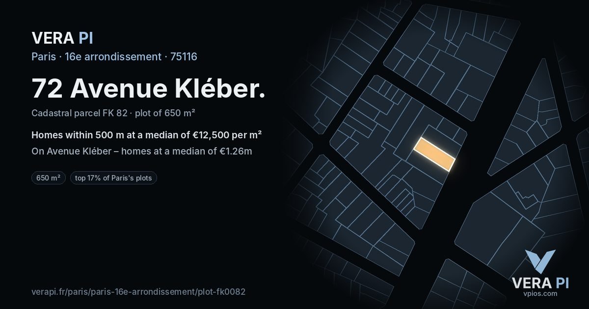 72 Avenue Kléber, 16e arrondissement at night – the plot lit, the parcels around coloured by the prices near them