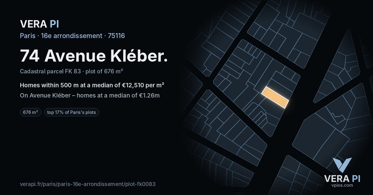 74 Avenue Kléber, 16e arrondissement at night – the plot lit, the parcels around coloured by the prices near them