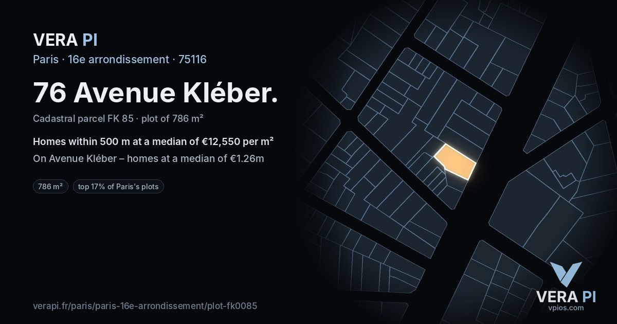 76 Avenue Kléber, 16e arrondissement at night – the plot lit, the parcels around coloured by the prices near them
