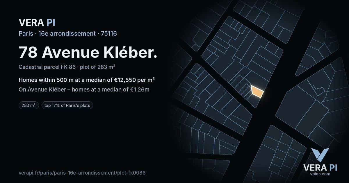 78 Avenue Kléber, 16e arrondissement at night – the plot lit, the parcels around coloured by the prices near them