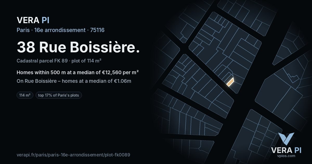 38 Rue Boissière, 16e arrondissement at night – the plot lit, the parcels around coloured by the prices near them