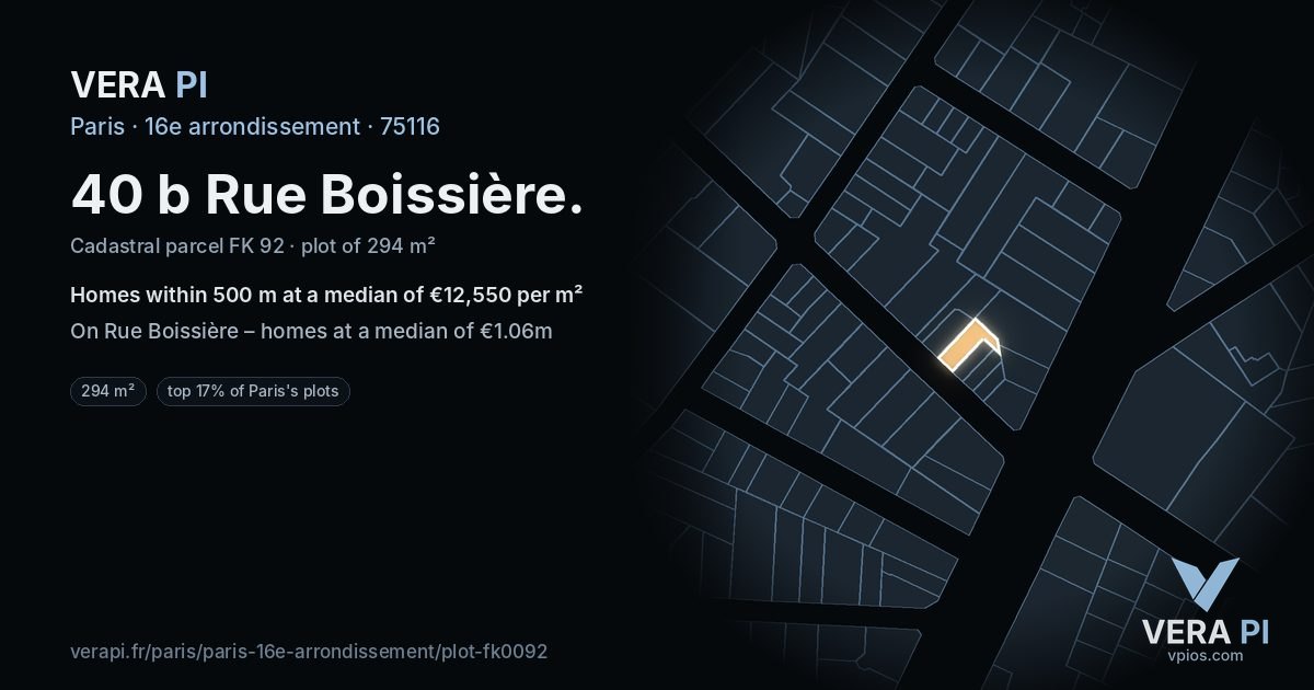 40 b Rue Boissière, 16e arrondissement at night – the plot lit, the parcels around coloured by the prices near them