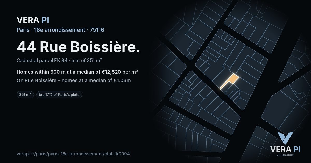 44 Rue Boissière, 16e arrondissement at night – the plot lit, the parcels around coloured by the prices near them
