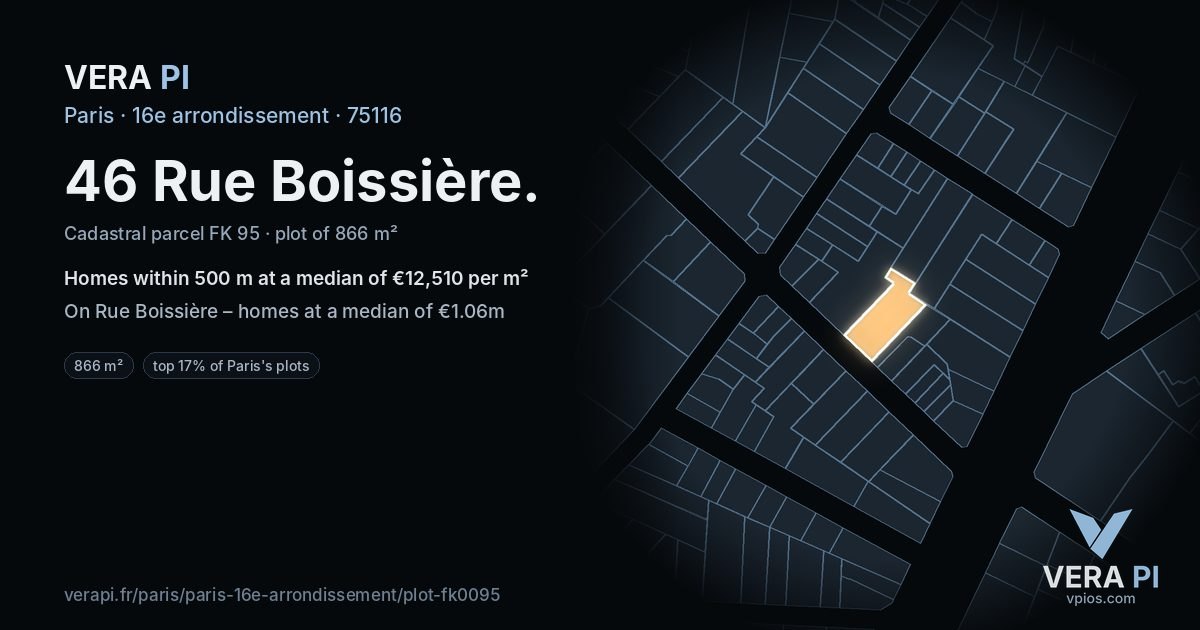 46 Rue Boissière, 16e arrondissement at night – the plot lit, the parcels around coloured by the prices near them