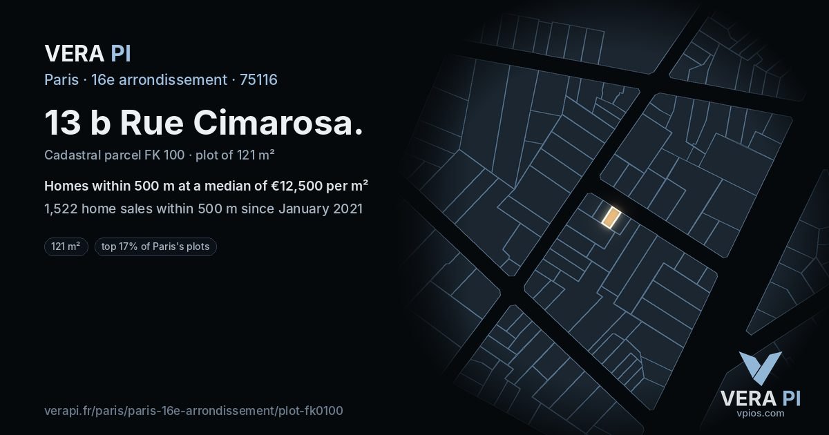 13 b Rue Cimarosa, 16e arrondissement at night – the plot lit, the parcels around coloured by the prices near them