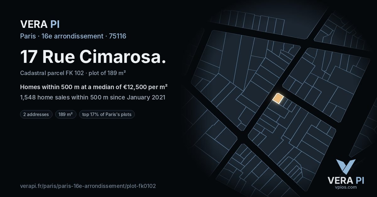 17 Rue Cimarosa, 16e arrondissement at night – the plot lit, the parcels around coloured by the prices near them