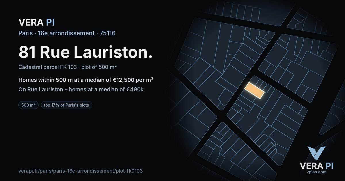 81 Rue Lauriston, 16e arrondissement at night – the plot lit, the parcels around coloured by the prices near them