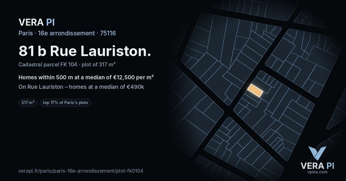 81 b Rue Lauriston, 16e arrondissement at night – the plot lit, the parcels around coloured by the prices near them