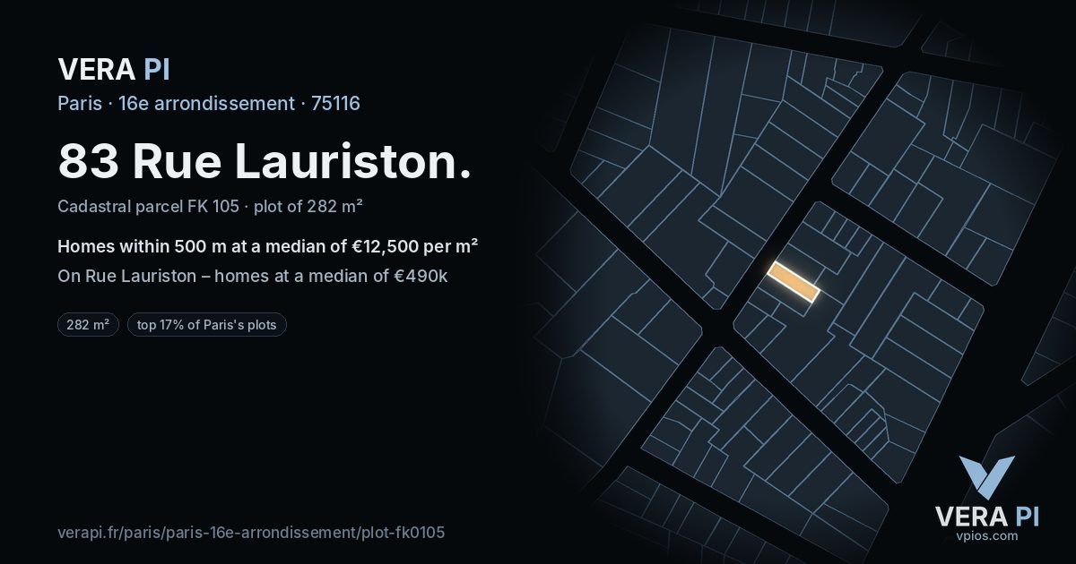 83 Rue Lauriston, 16e arrondissement at night – the plot lit, the parcels around coloured by the prices near them
