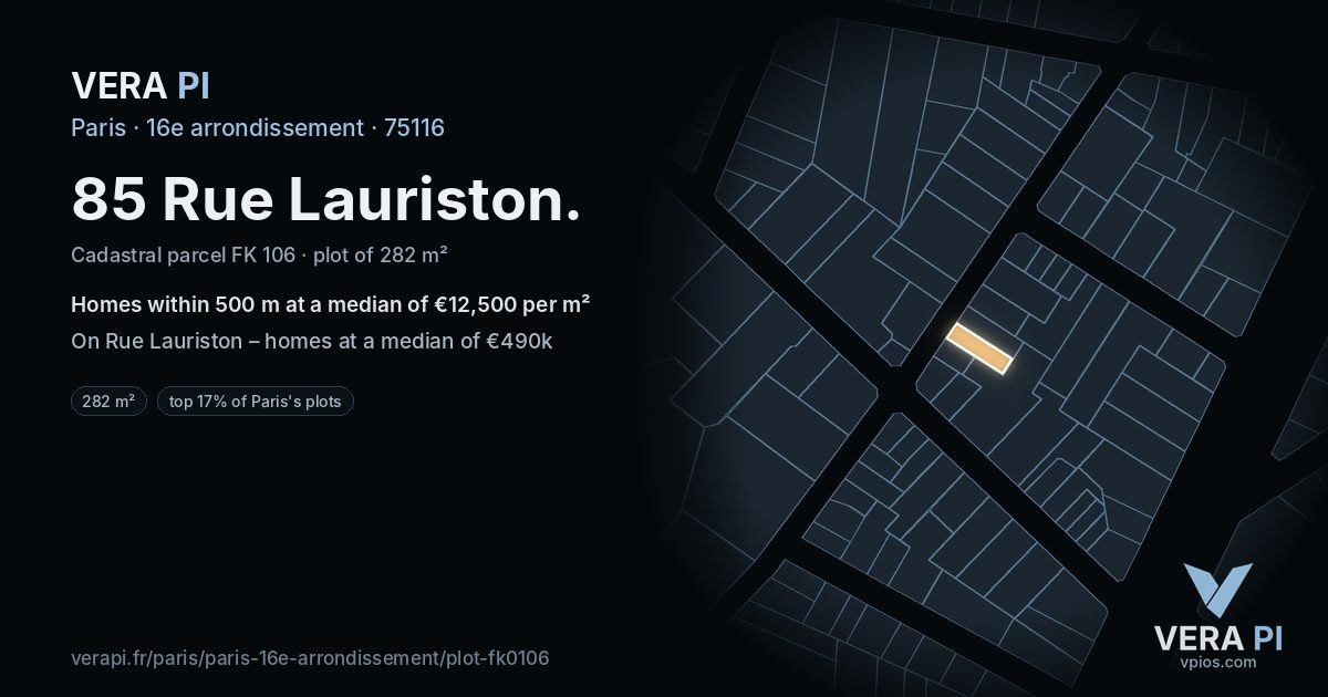 85 Rue Lauriston, 16e arrondissement at night – the plot lit, the parcels around coloured by the prices near them